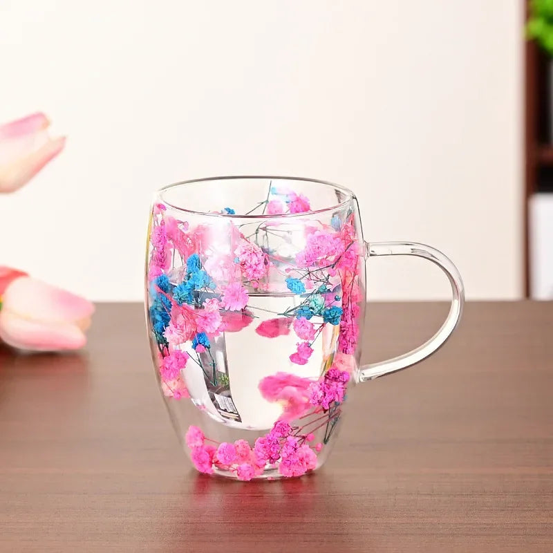 1PCS 300ml Double Wall Glass Cup with Handle Dried Flower Decorated Ins StyleDurable Coffee Milk Mug Heat Resistant Tea Cups Oasis Select Powder-blue-350ml 300ml