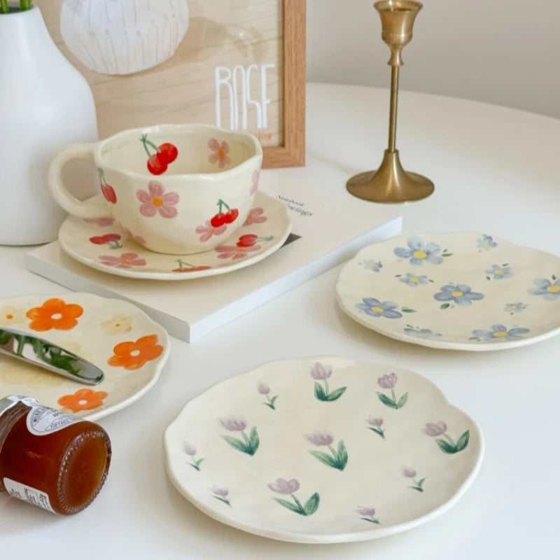 Ceramic Plate Flower Pattern Coffee Mug Set Painted Cute Girl Hand-painted Underglaze Color Gift Saucers for Festivel Present Oasis Select