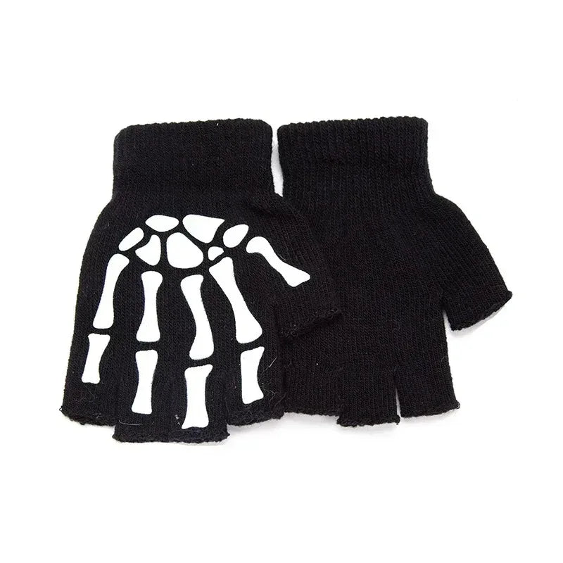 1-10pairs New Adult Cosplay Halloween Skeleton Skull Half Finger Punk Gloves Glow in the Dark Fingerless Stretch Knitted Mittens Oasis Select