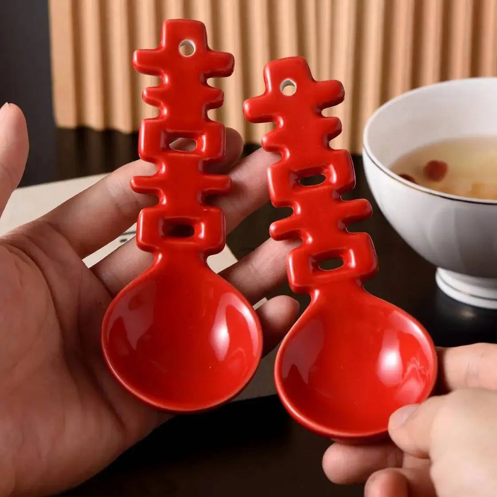 Double Happiness Spoon Ceramic Wedding Dessert Spoon Pair Spoon Red High-Value Chinese Style Character Household Festive Coffe Oasis Select