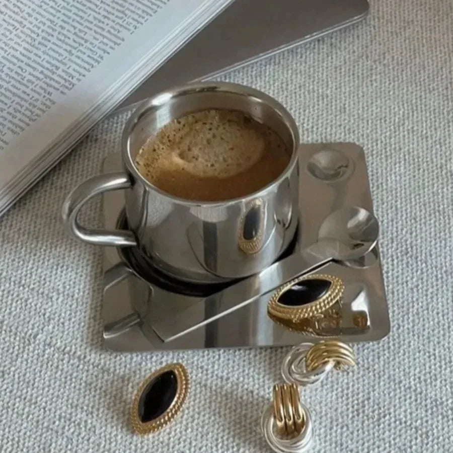 Minimalist Nordic Mug 3pcs Set 304 Stainless Steel Coffee Mug Heat Resistant Milk Cup with Saucer Spoon Placemat Tableware Set Oasis Select