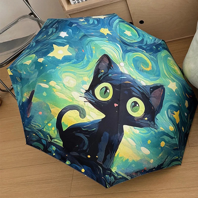 Cartoon Cat Green Folding Umbrella Professional Sun Protection And UV Protection Umbrella Dual use of Rain and Sunny Automatic Oasis Select