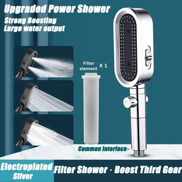 New High Pressure Shower Head 3 Modes Adjustable Spray with Massage Brush Filter Rain Shower Faucet Hose Bathroom Accessorie Set Oasis Select Sliver Shower