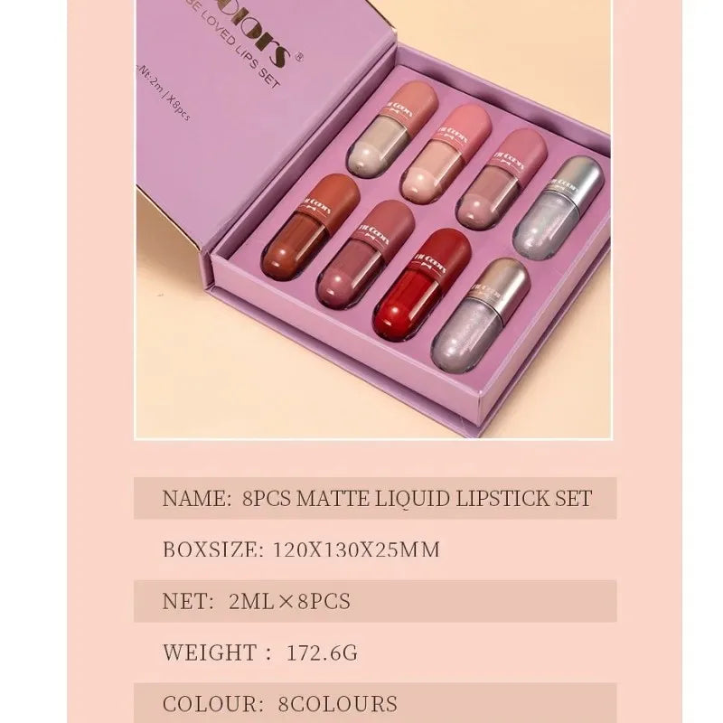 8pcs Velvet Finish Lip Gloss Set Long Lasting Liquid Lipstick Non Stick Easy Apply Mist Lipsticks Gift Beauty Makeup Oasis Select