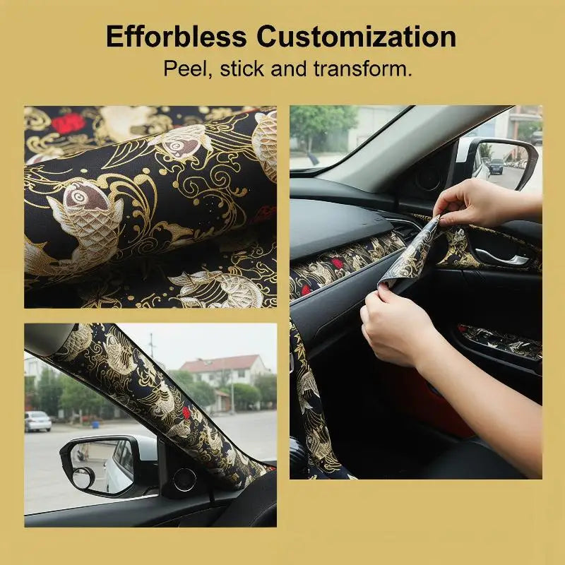 1Pcs High Grade Wear-Resistant Car Dashboard Door Panel Ceiling Decor Fabric Self-Adhesive Black Koi Fish Car Interior Sticker Oasis Select