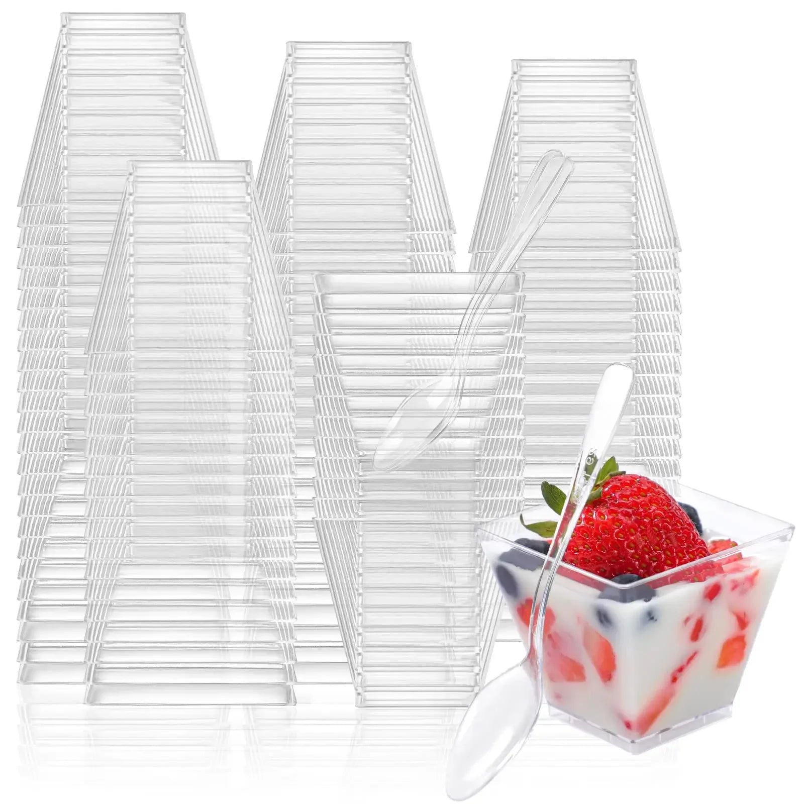 50pc Disposable Plastic Mousse Cup Ladder Shaped Cup Pudding Cup Mini Square Clear Plastic Dessert Cups Yogurt Mousse Baking Oasis Select cup with spoon 100pcs