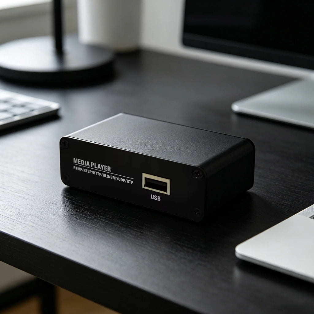 The XP10 USB player can play MP4 files stored on a USB drive and supports RTMP, RTSP, HTTP TS, HTTP FLV, HLS, SRT, UDP, and more Oasis Select