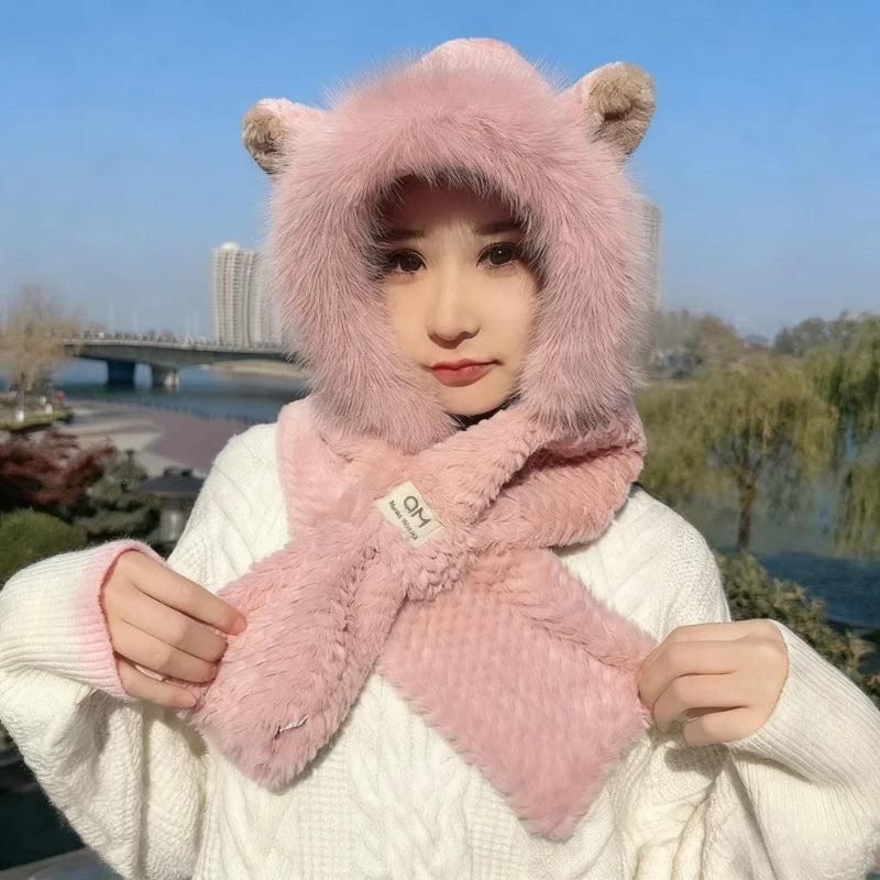 1pc Kawaii Cat Ears Beanie with Pom-Pom, Women's Winter Hat Furry Collar for Christmas Gift, Cute,Fashionable and Warm Oasis Select Pink GG