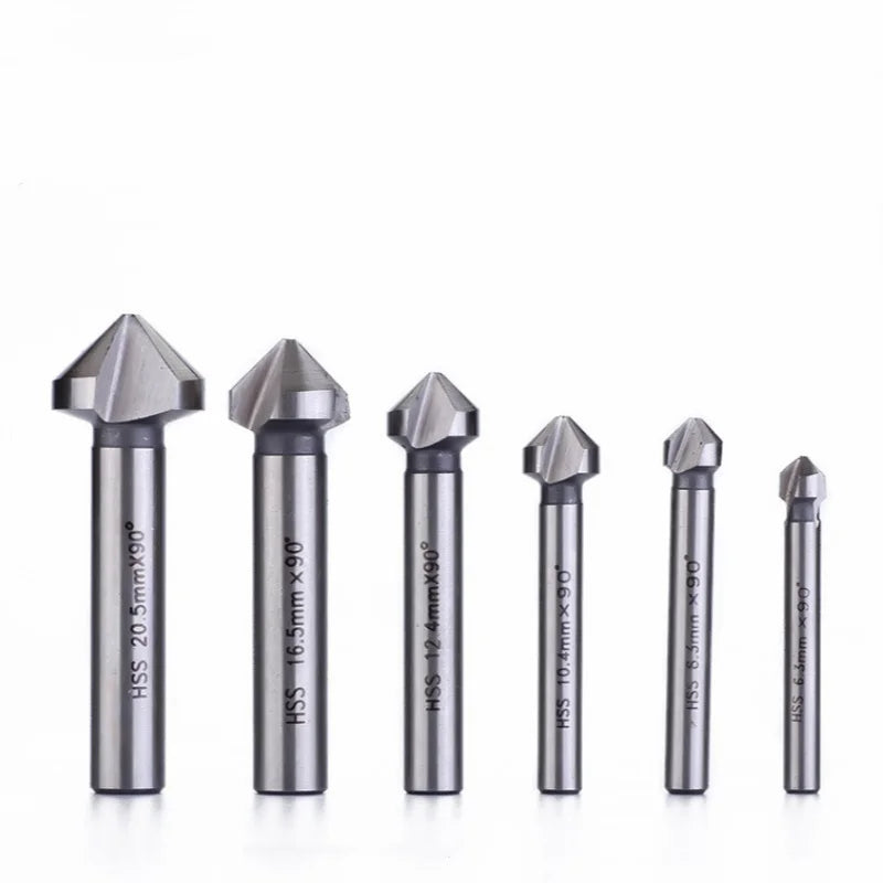 6pcs/set Box 6.3-20.5mm Chamfering End Mill Cutter 3 Flute Round shank 90 Degree HSS Countersink Deburring Tapered Drill Bit Oasis Select
