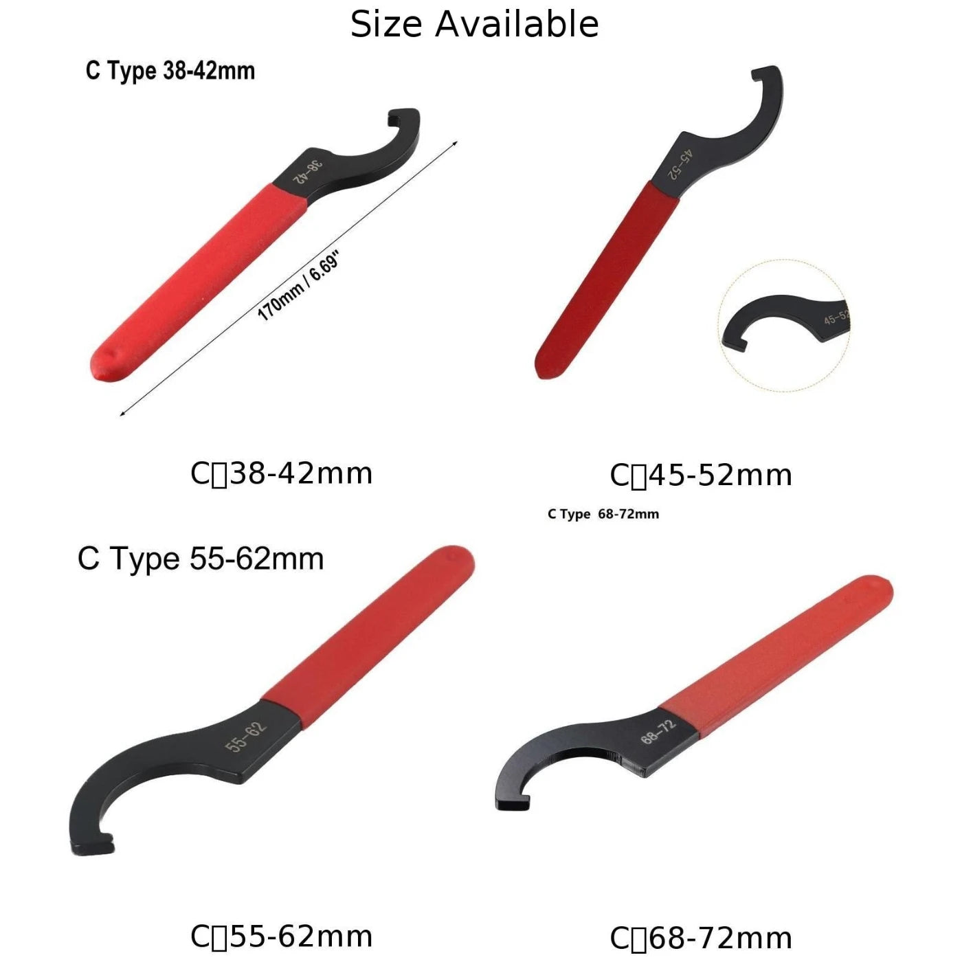 45-48HRC C Hook Spanner Wrench Spanner Collet Chuck Half Moon Wrench For 38-72mm Round Nut With Red Non-slip Handle Oasis Select