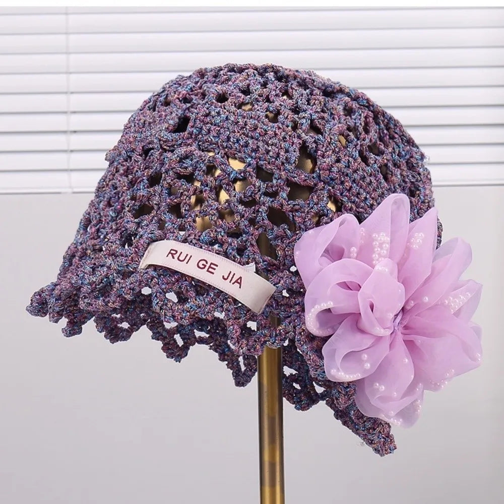 French Breathable Hollow Pullover Hats 3D Flower Hollow Out Beanies Cap Knitted Hat Summer Oasis Select