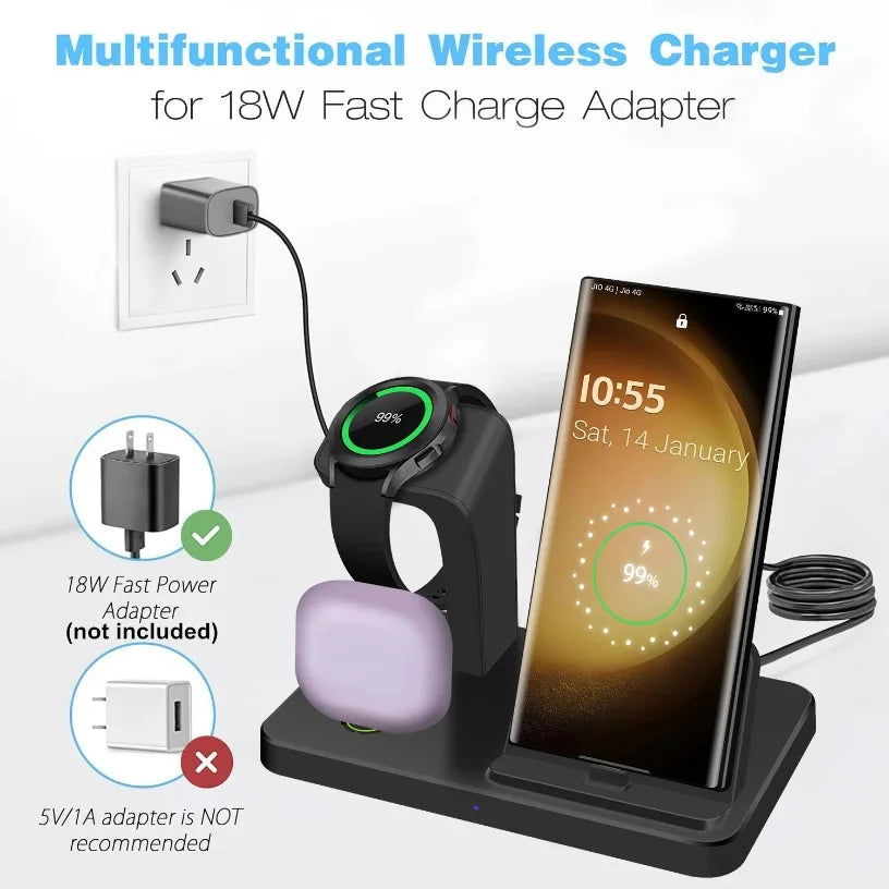 Multifunctional 3 in 1 Desktop Fast Wireless Charger for Samsung S24 S23 S22 Note 20 Z Flip Z Fold for Galaxy Watch 7 6 5 Pro 4 Oasis Select