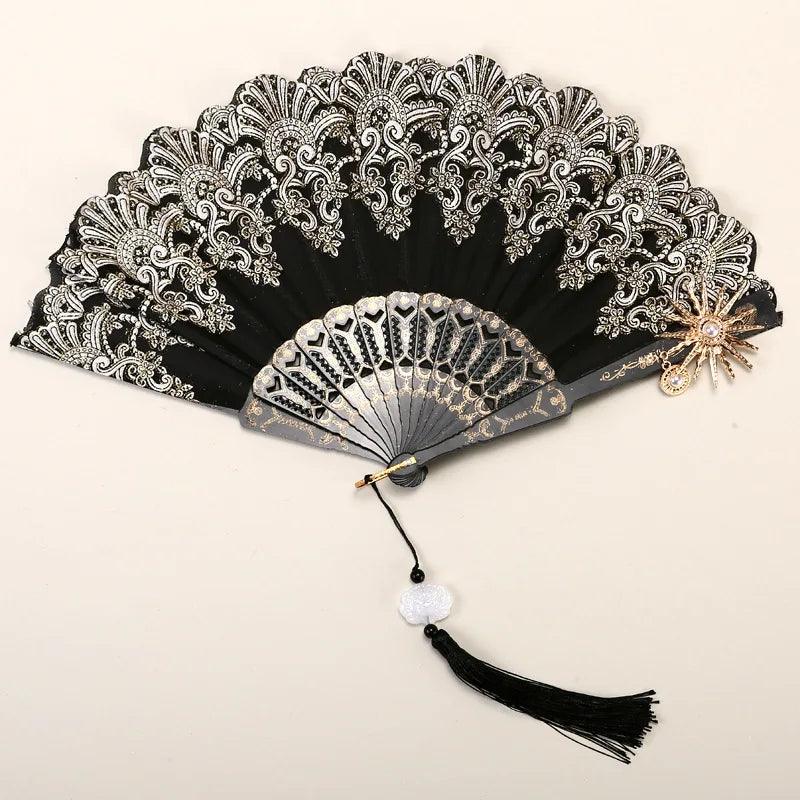 Female Lace Hand Fan Lolita Gothic Fan Victorian Vintage Black White Red Rose Bamboo Fans Cosplay Halloween Party Photo Prop Oasis Select E