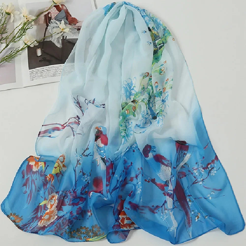 Fashion 160*50cm Chiffon Scarf Sunscreen Gradient Shawl Silk Washable Flower Print Long Wrap Shawl for Women Oasis Select 04