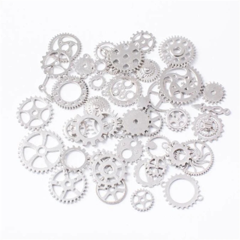 50g Antique Steampunk Gear Accessories Decor DIY Metal Pendants Charms for DIY Necklace Bracelet Crafting Jewelry Making Decor Oasis Select Rhodium 50g