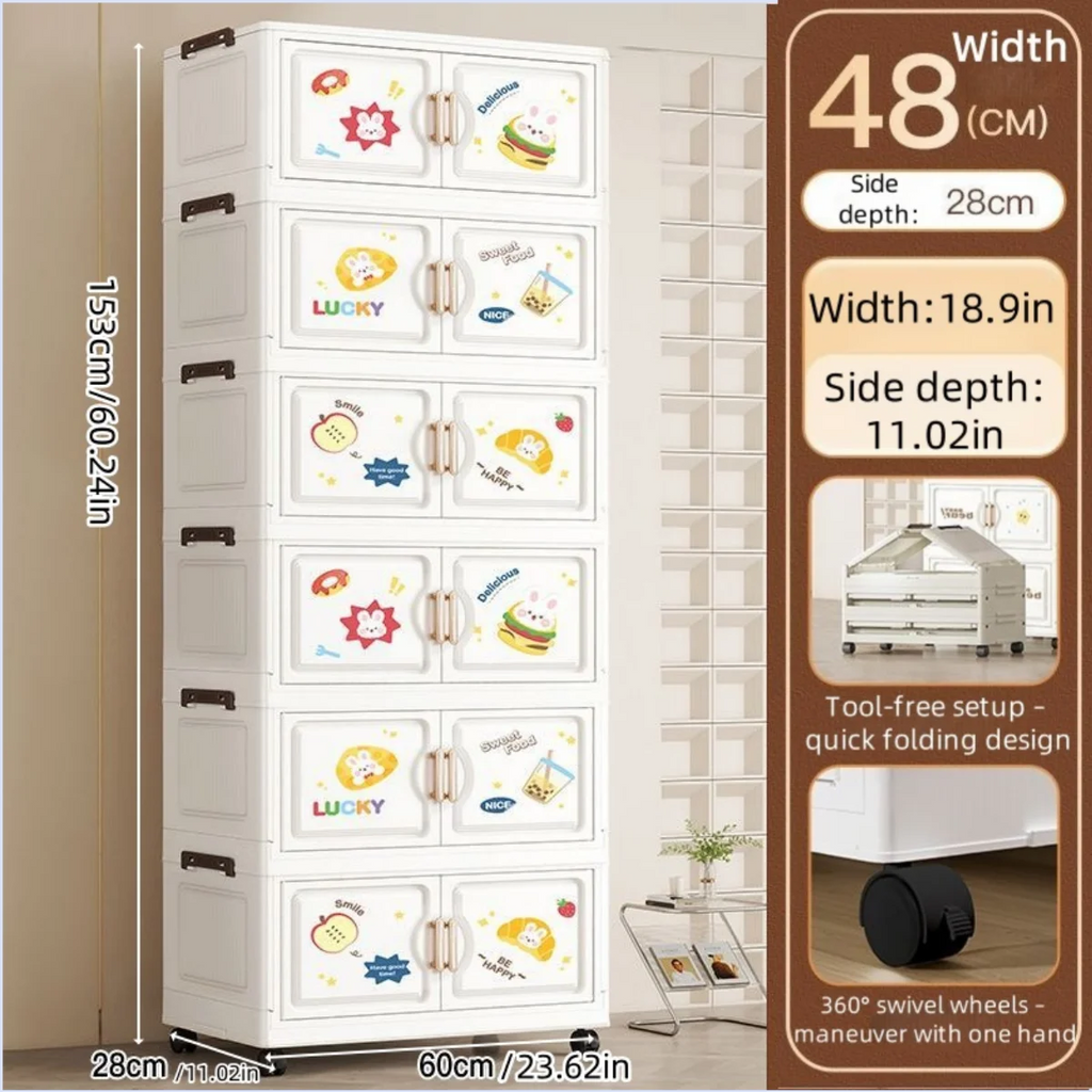 18.9 Inch Cartoon Foldable Storage Box,1-6 Tier Heavy-Duty Rolling Organizer,2 Colors for Bedroom/Living Room/Kitchen/Study Oasis Select 6 Layer Rabbit