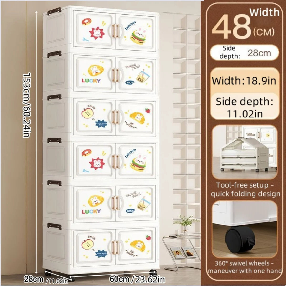 18.9 Inch Cartoon Foldable Storage Box,1-6 Tier Heavy-Duty Rolling Organizer,2 Colors for Bedroom/Living Room/Kitchen/Study Oasis Select 6 Layer Rabbit