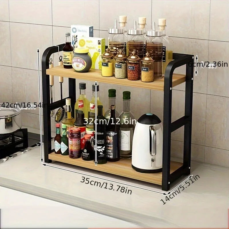 1pc 2-Tier Metal Countertop Shelf - Space Saving Organizer for Coffee, Mugs & Condiments, Rustproof Kitchen Rack Oasis Select Walnut Color