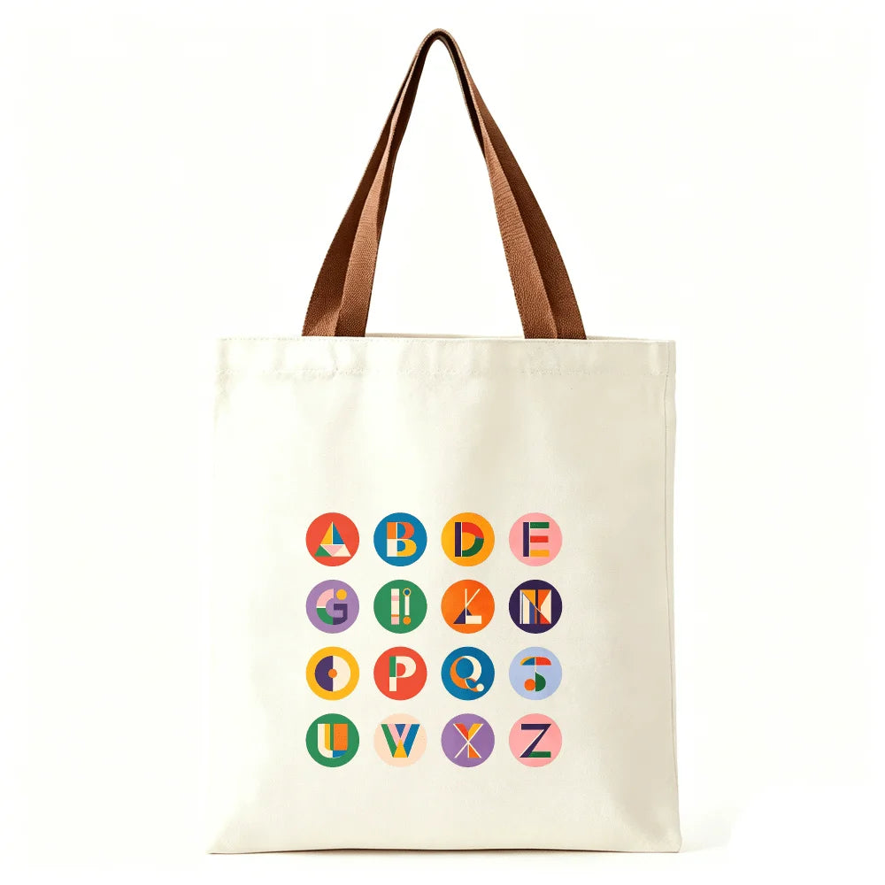 Vibrant Geometric Alphabet Canvas Tote Bag Large Cotton Shoulder Bag Student Travel Shopping Handbag Color Handle Oasis Select Brown