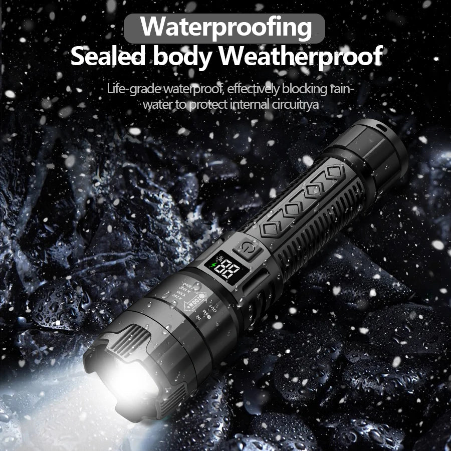 High Power LED Flashlight with Battery Display USB Rechargeable Light Telescopic Zoom Torch Lamp Outdoor Camping Fishing Lantern Oasis Select