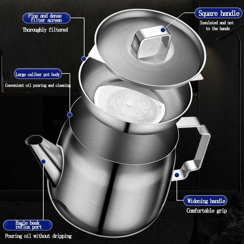 1/1.5/2L 304 Stainless Steel Oil Strainer Pot Cooking Oil Can with Fine Mesh Strainer Kitchen Fat Storage Kitchen Accessories Oasis Select