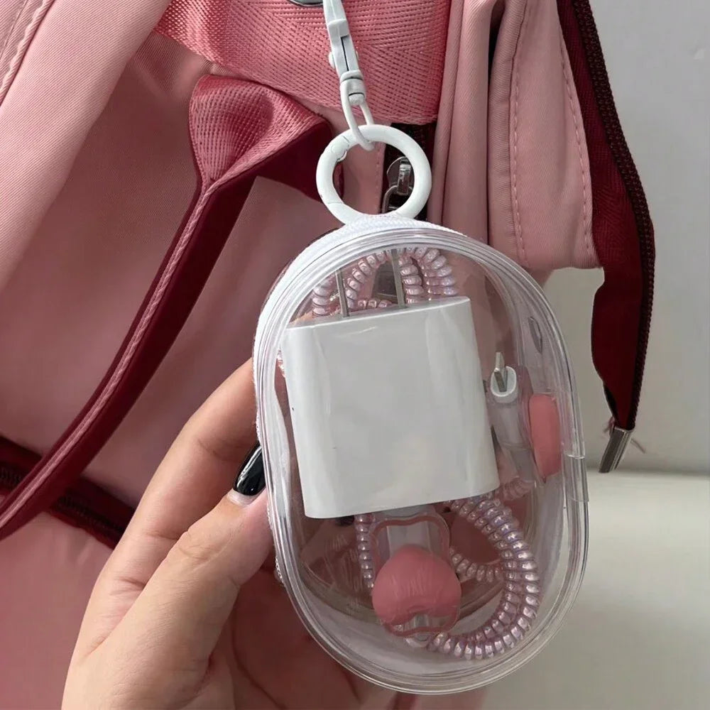 Portable Mini Transparent Storage Bag with Zipper, Multifunctional Headphone and Charger Case, Travel Accessories with Keychain Oasis Select