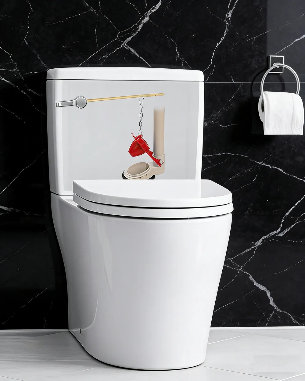 1Set Toilet Tank Handle & Red Flapper Kit,Fits 2" Flush Valves,Brass Plated Plastic,Stainless Steel Chain,Front Mount Tool-Free Oasis Select