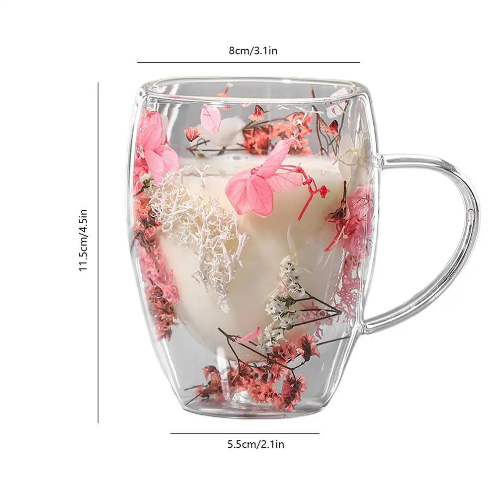 Double Wall Glass Cup Dried Flowers Glass Cup 350ml Anti-Scalding Mug Coffee Mug for Milk Chocolate Tea Juice Hot Cold Beverages Oasis Select Pink 301-400ml