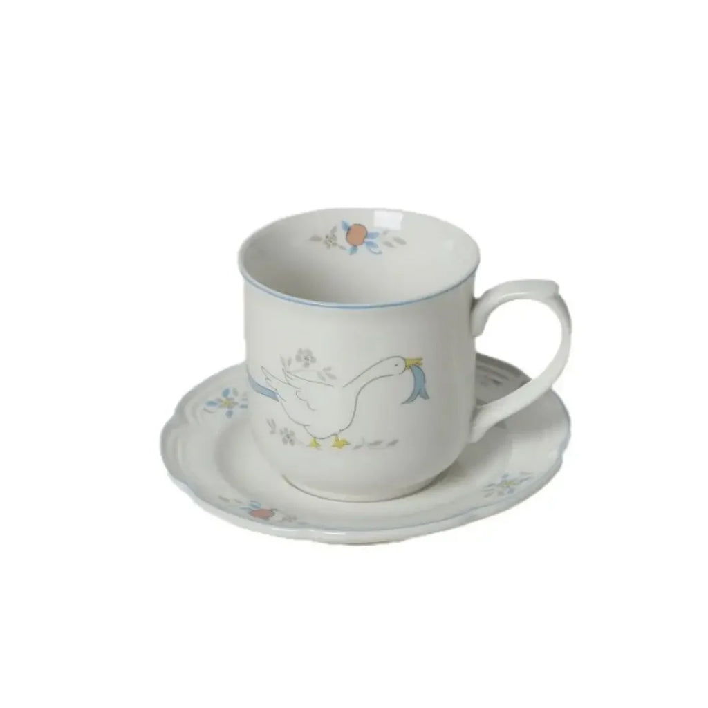Cartoon Swan Floral Ceramic Mugs Coffee Cups Plate Set Milk Tea Cup Ins Korean Style Oatmeal Breakfast Mug Drinkware Kitchen Cup Oasis Select Swan-1set