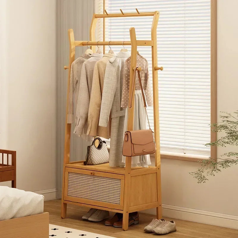 Multi-functional Bedroom coat hanger, floor-standing household mobile wheeled coat rack, retro indoor multi-functional coat rack Oasis Select