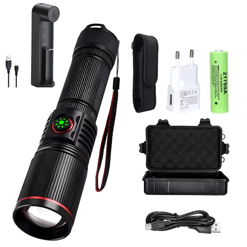 Ultra Bright LED Aluminum Alloy Flashlight USB Rechargeable Telescopic Zoom Torch Outdoor Stepless Dimming Camping Flashlights Oasis Select Set F ZOOM