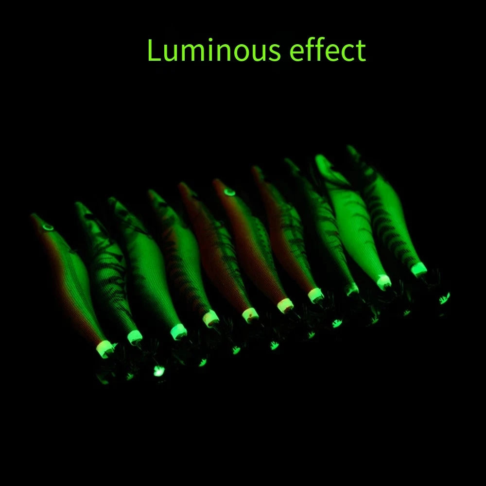 Luminous Squid Bait Set 13.5cm/21.5g Wooden Shrimp Bag with Squid Needle Lure Sea Fishing Jig 3.5# for Ocean Fishing Oasis Select