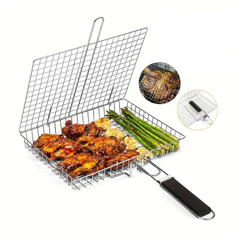 Folding Stainless Steel BBQ Grill Basket – Fish, Veggies & Shrimp BBQ Grill Basket Oasis Select