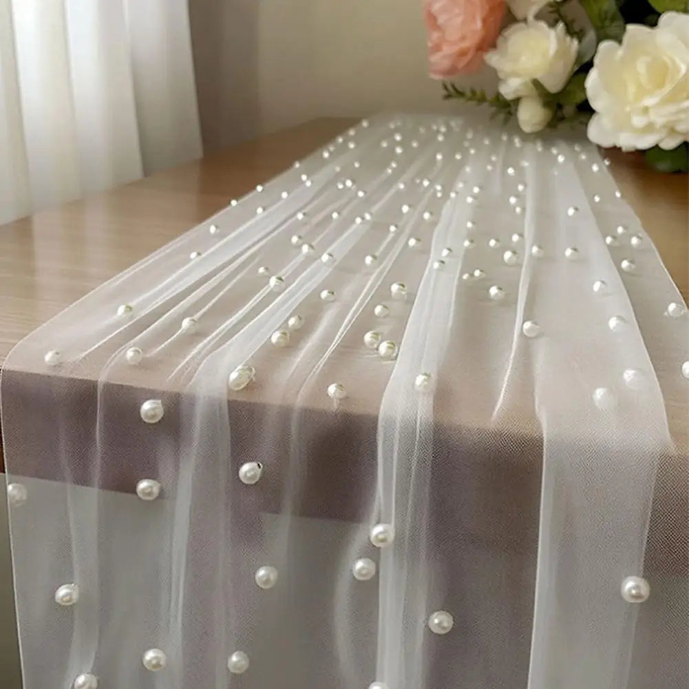 Pearl Beaded Tulle Table Runner – Wedding & Party Decor
