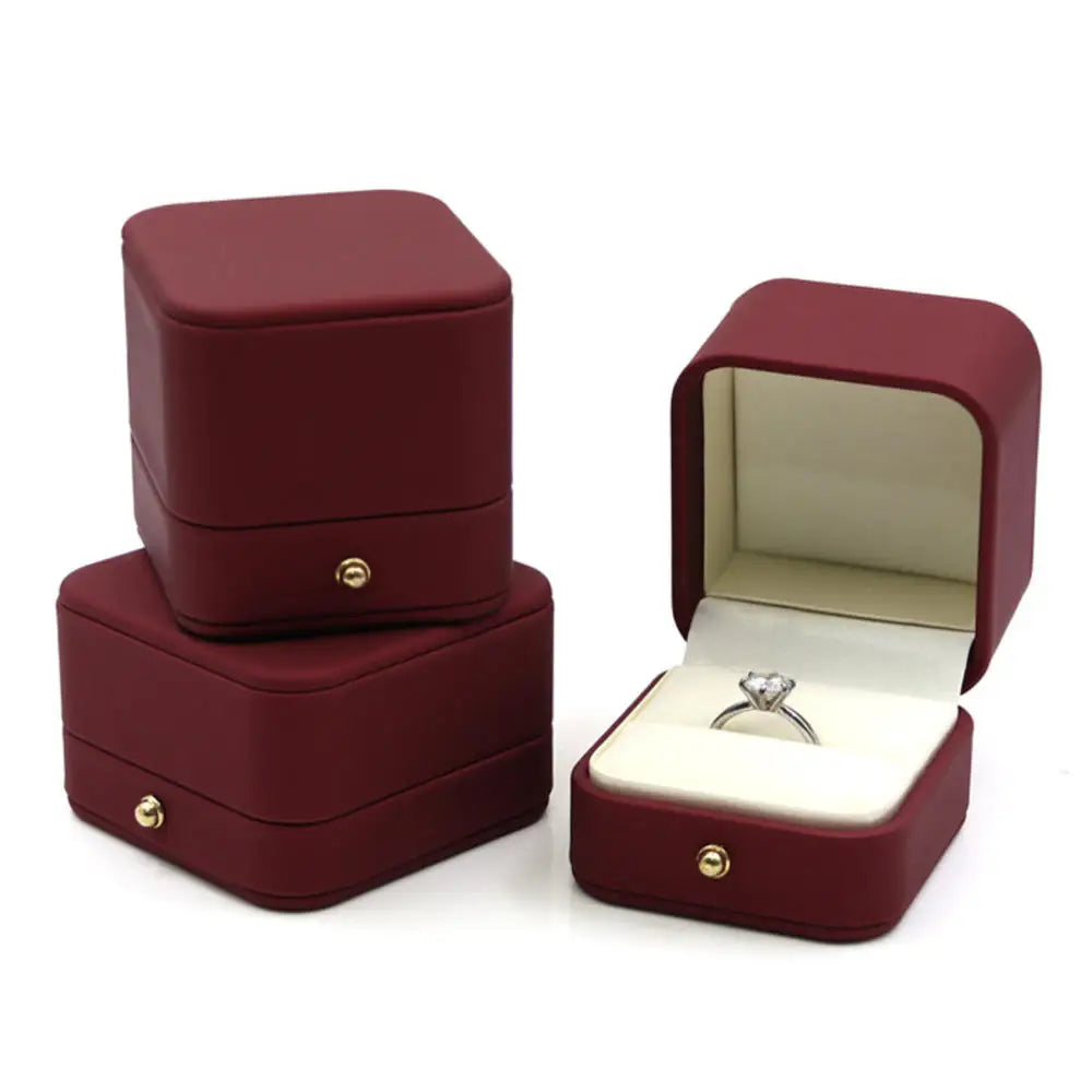 2025 Engagement Ring Box Double Slot Ring Boxes Leather Velvet Portable Jewelry Bearer Holder for Proposal Wedding Ceremony Oasis Select Dark red-single ring other