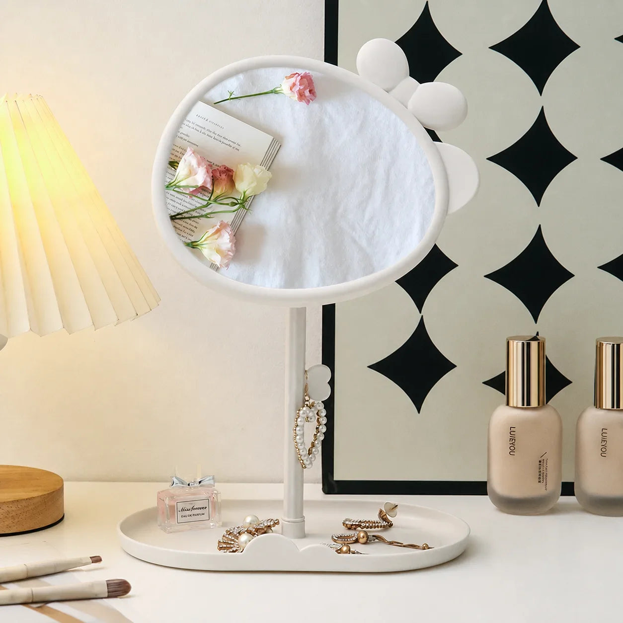Cute Bowknot Desk Vanity Mirror with Storage Tray | 360°