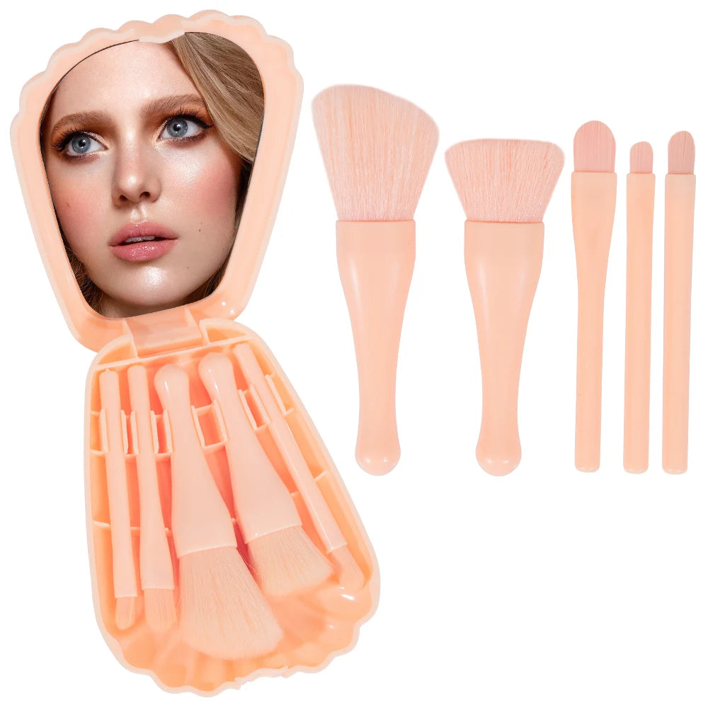 Mini Makeup Brush Set with Mirror Portable Makeup Brush Set, Shell Portable Travel Makeup Brush Set 5 Sizes Brush Mini Complete Oasis Select