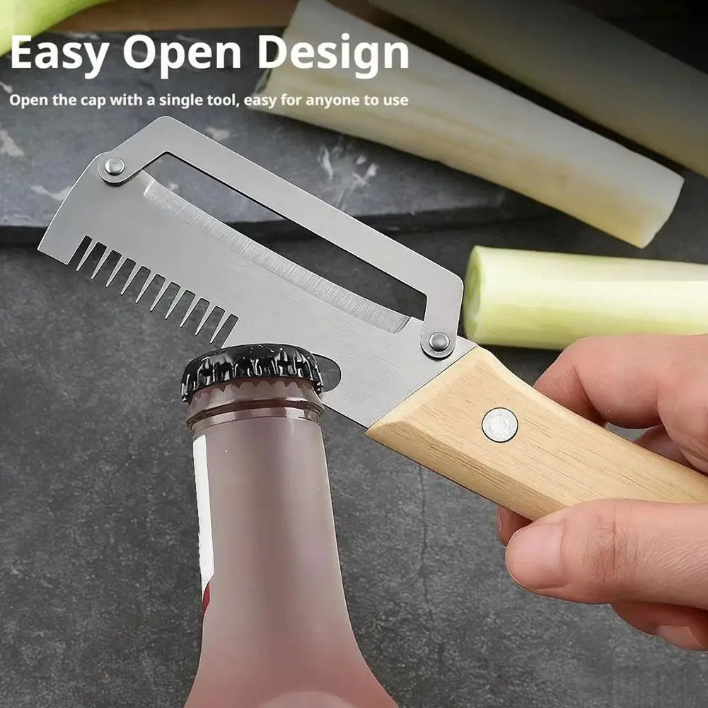 3-in-1 Multifunction Kitchen Peeler, Wooden Handle Stainless Steel Serrated Knife, Vegetable Fruit Peeler Shredder Bottle Opener Oasis Select