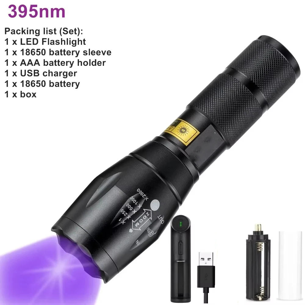 Zoom UV LED Flashlight 365nm 395nm Invisible Ink Marker Cat Dog Urine Tinea Ore Money Scorpion Fluorescence Light Use AAA 18650 Oasis Select R5T6 -395-18650