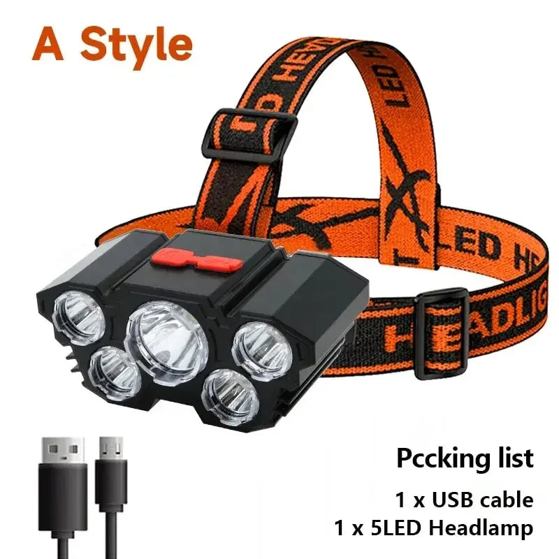 5 LED Headlamp Rechargeable with Built in Battery Strong Light Headlight Camping Adventure Fishing Head Light Flashlight Oasis Select T21 5LED-Orange