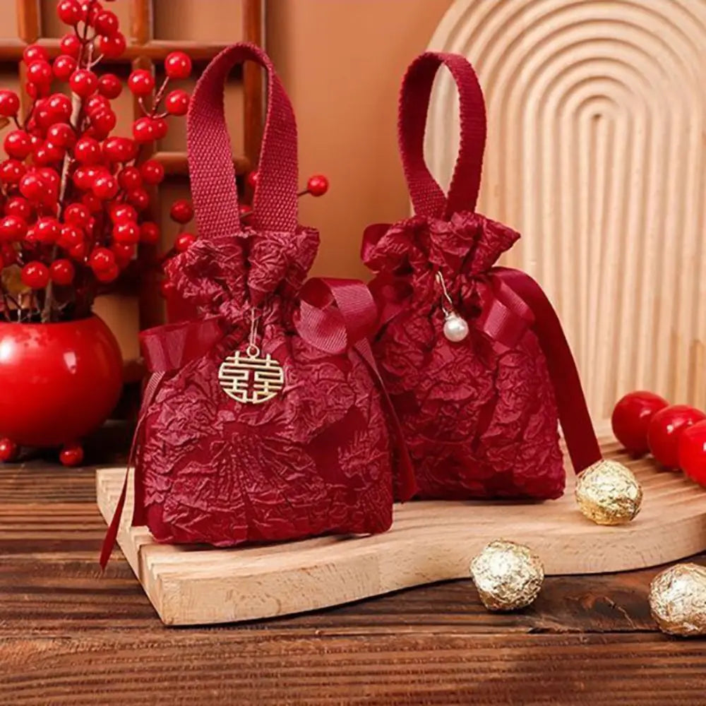 Chinese Style Embossed Flower Drawstring Candy Gift Bag