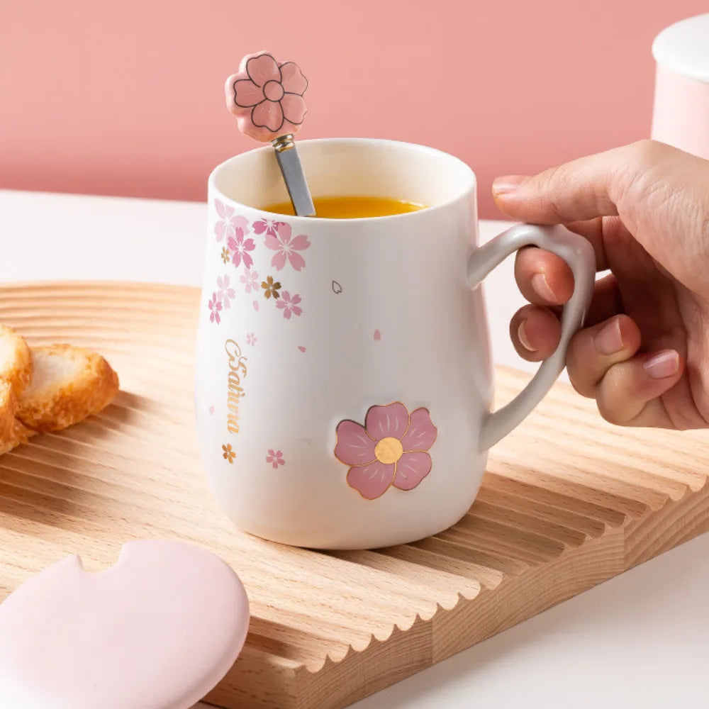 Relief Cherry Blossom Ceramic Mug With Lid Spoon Heat-resistant Mugs Milk Coffee Cup Couple Tea Juice Cups Drinkware Oasis Select