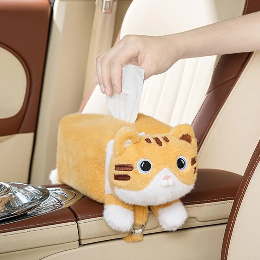 Cute Cat Plush Car Tissue Box Holder – Hanging Dispenser
