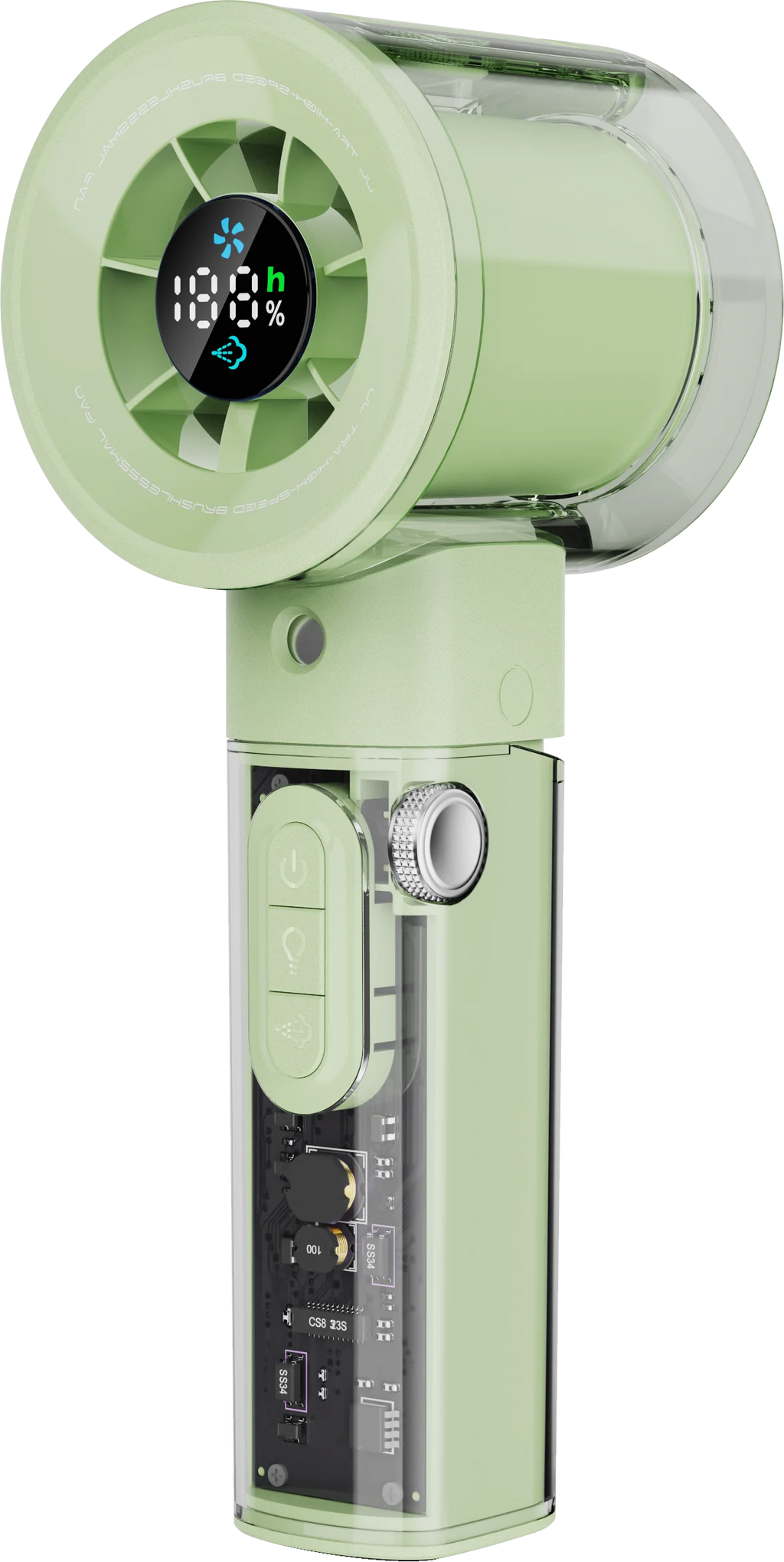 2026 New Transparent Handheld Spray Fan 100 Speed Dial Display Dual Mode Flashlight 10H Battery Portable Misting Fan For Concert Oasis Select Green