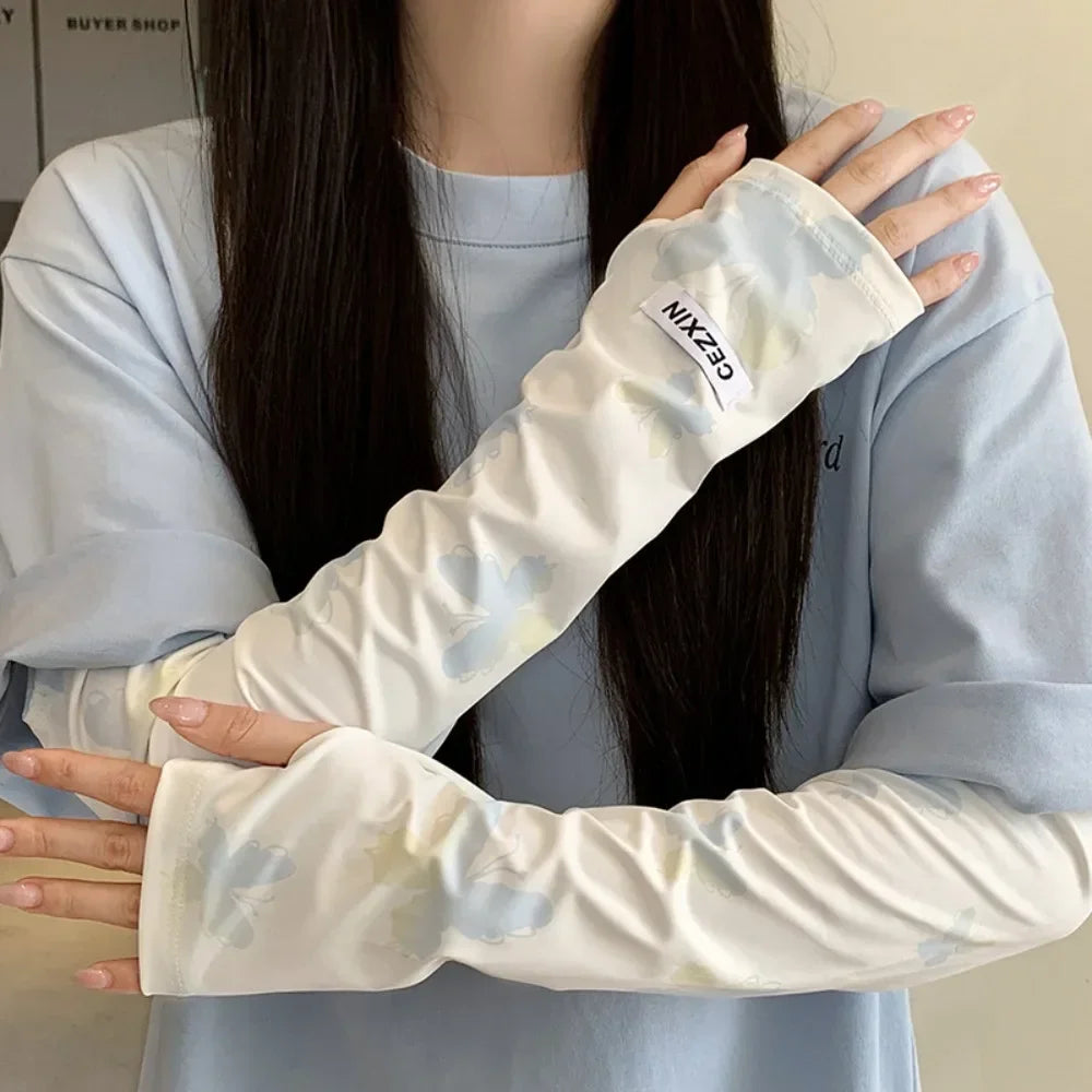 1 Pair Lightweight Sun Protection Arm Covers Loose Fit Cool Ice Silk Arm Guard Cuff Polyester Solid Color Ice Sleeve Oasis Select Blue 2