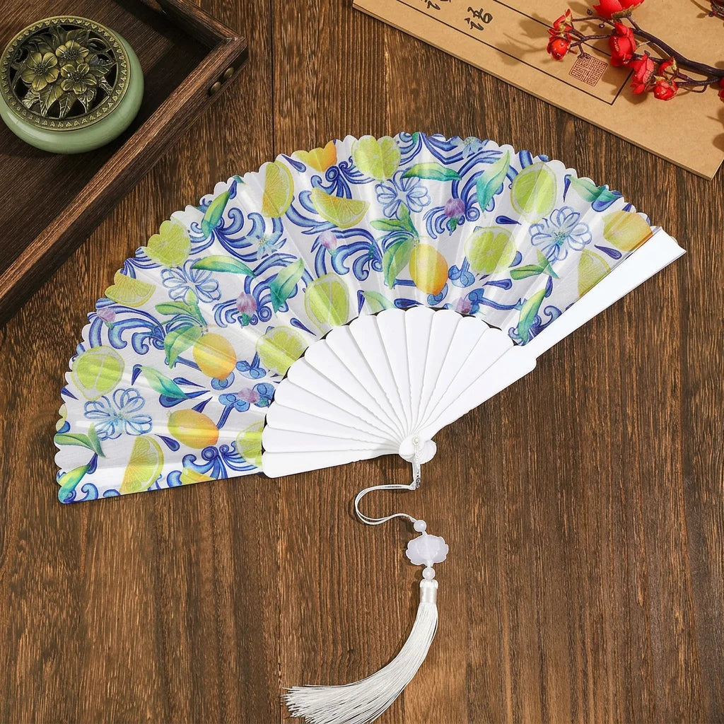 Portable Fruit Pattern Folding Hand Fan Plastic Frame Fabric Fan With Tassel Summer Cooling Fans Dance Performance Home Decor Oasis Select