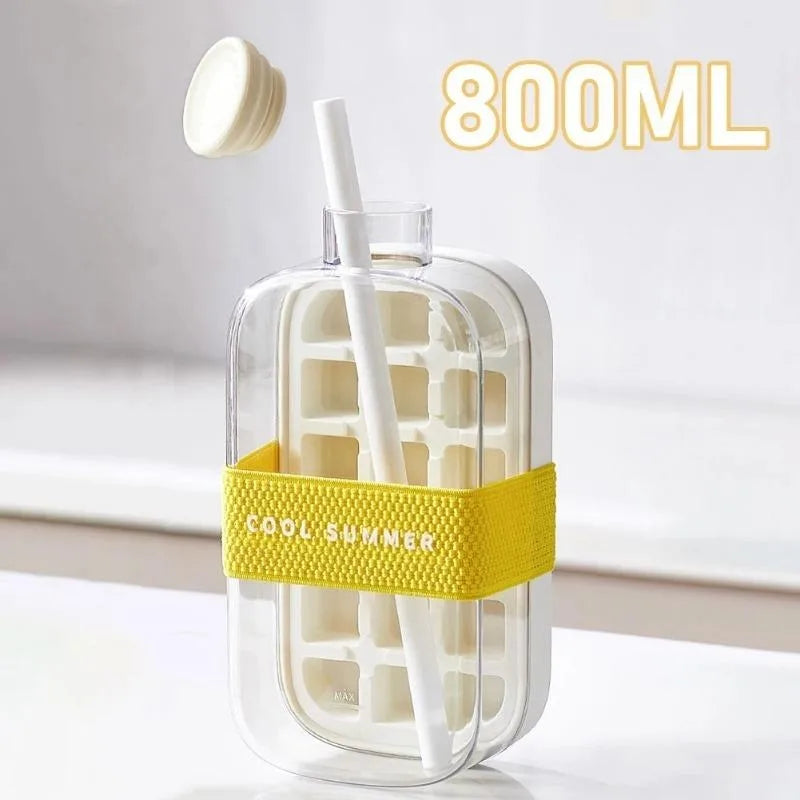 500/800ml 2in1 Ice Cube Tray with Water Bottle Press Type Portable Ice Maker High Capacity Ice Mold for Home Kitchen Summer Use Oasis Select White-800ml