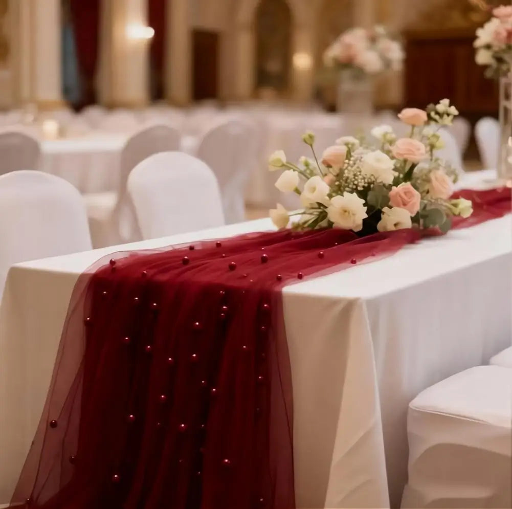 Pearl Beaded Tulle Table Runner – Wedding & Party Decor