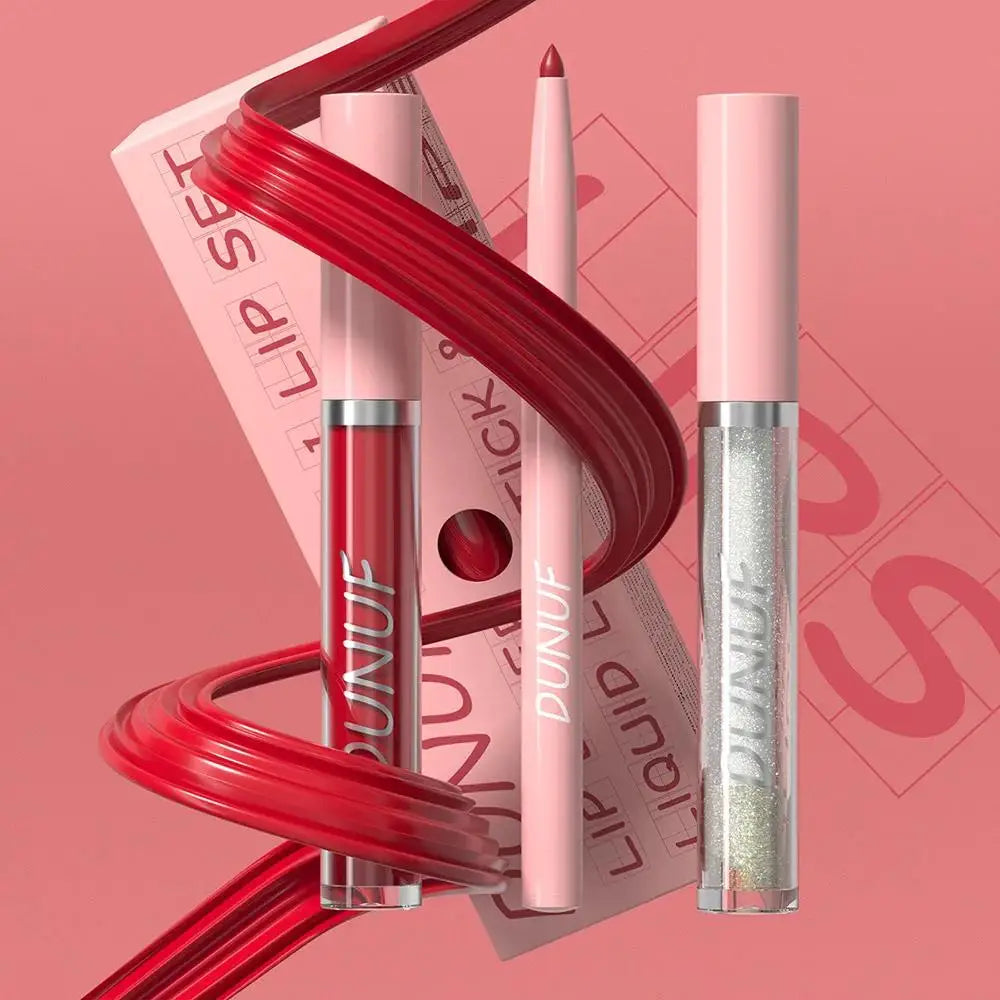DUNUF 3-Pc Matte Lipstick Set – Lip Liner, Gloss & Oil Kit