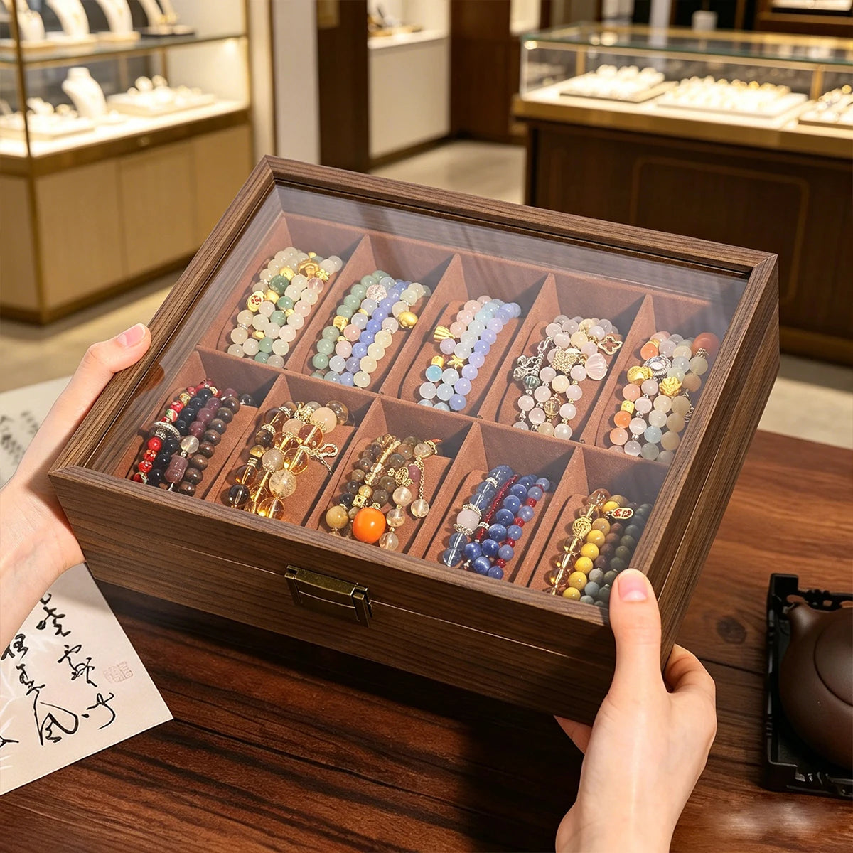 1pc wooden bracelet multi slot jewelry storage box velvet lined bead bracelet display cabinet suitable for family collection Oasis Select
